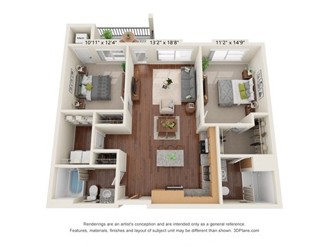 Floor plan for 2 beds, 2 baths, 1050 sqft